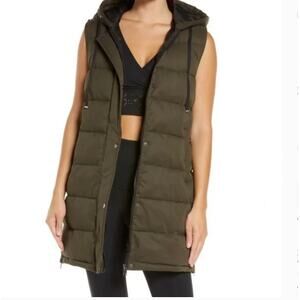 ZARA Long Hooded Puffer Vest Jacket/Coat in Olive Green - Women's Large